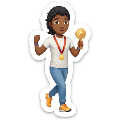 friendly anthropomorphised black stallion in jeans and a t-shirt, jogging upright in relaxed pose, holding a medal sticker