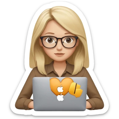 Girl in glasses, blonde long hair, brown blouse, sitting with gray MacBook sticker