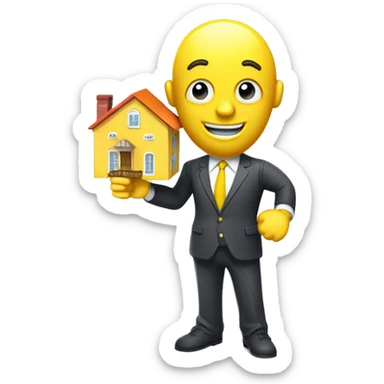  A ISOMETRIC VECTOR 3D cartoon character with a yellow body is holding a house-shaped sign that reads 'FUCCI' . The character is wearing a  suit, white shirt, and tie,  The character has an smiling emoji face and is giving a thumbs-up with their right arm sticker