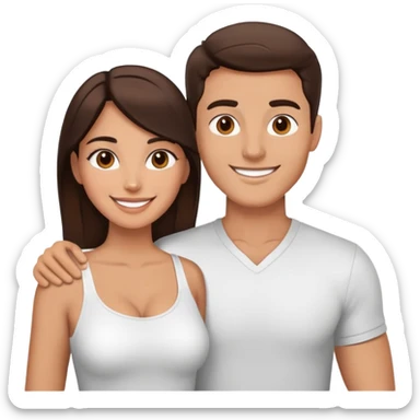 Attractive brunette man and woman with tan skin from chest up, smiling at camera sticker