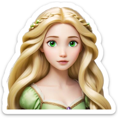 Cinematic Realistic Rapunzel Portrait, with porcelain-like skin featuring a subtle, natural glow, illuminated by soft lighting that brings out the gentle contours of her face. Her long, golden blonde hair cascades in detailed waves, each strand highlighted with a radiant shimmer as it catches the light. Her bright, expressive green eyes exude curiosity and warmth, framed by delicate lashes and soft, arched brows. Her expression is playful and vibrant, with a gentle smile. She is dressed in her classic lavender and pink gown, the fabric textured with delicate folds that flow naturally, catching the light with a soft, radiant glow. The portrait captures a luminous, enchanting aura, seamlessly blending realism with a whimsical, fairytale charm, evoking a timeless sense of beauty and magic. sticker