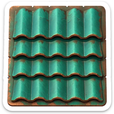 3D render of Roof Tile, heavily oxidized copper texture, verdigris patina, Aged green copper shingle, weathered bronze aesthetic, ancient decay, emoji style, isolated on white background --v 6.0. sticker