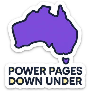outlined icon of Australia map with very thin lines, text 'Power Pages Down Under' in simple clean typography, colors #403DAD, vibrant purple, #fff7ad, no overlays or extra icons sticker