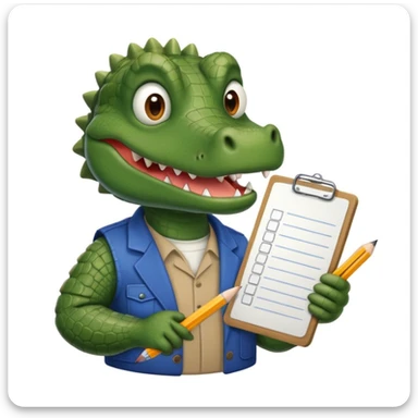 A gator with a clipboard and a pencil, offwhite background sticker