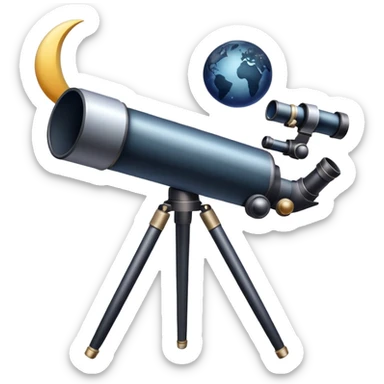 An icon featuring a telescope, stars, and a planet, symbolizing astronomy. The design includes a crescent moon, distant galaxies, and constellations, representing the study of space and celestial bodies. Transparent background highlights the exploration of the universe and cosmic phenomena. sticker
