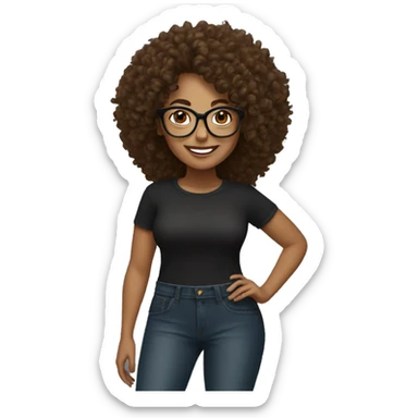 Woman with big curly hair with glasses in black blouse smiling with brown eyes in jeans and sneakers sticker