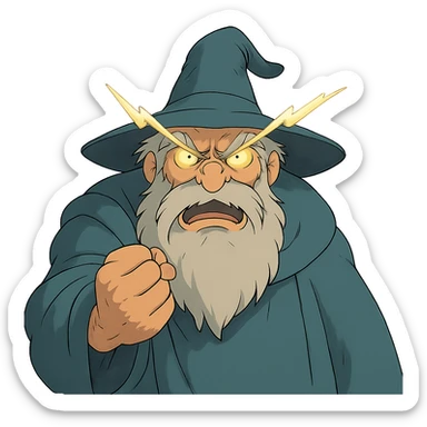 ghibli style angry wizard with lightning eyes and a balled up fist sticker