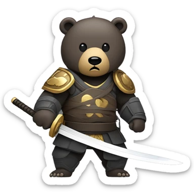 Create a 3-5 second looped animation of a brown or dark gray samurai bear in dark armor, reacting with disappointment as a gold or silver cryptocurrency coin falls. The bear ends by lowering its head or stabbing its katana into the ground in shame. sticker