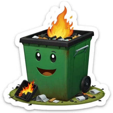 Green happy dumpster with an open black lid and a fire burning only inside it. there is litter and trash on the ground around it not burning sticker