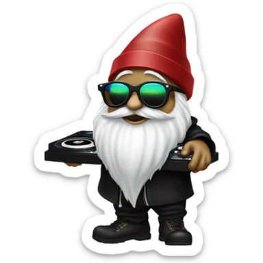 Vibey Dj gnome wih sunglasses ad turntables wearing black sticker