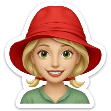 messy green clay mask and red tourist hat blond braided woman big eyes smiling and clay mask on face sticker