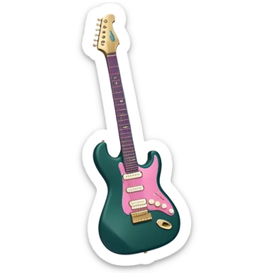 minimalist electric guitar in dark green with pink and blue stripe decal, closed inside a black rectangular hard case with gold latches, flat semi-3D style, soft matte textures, simplified details, stylized decal accent sticker