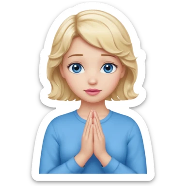 Girl Blonde short wavy hair,  blue eyes, cute blue top, long lashes, pink lips, praying hands sticker