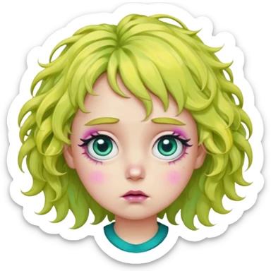messy, wavy chartreuse hair, with pink specks, bushy eyelashes, and big round eyes, with irises that are teal on the outside and yellow on the inside while making a pouty face more light on the hair pls sticker