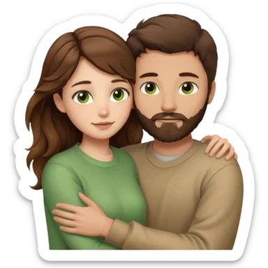 a man with short brown hair and brown beard with brown eyes and a girl with long brown wavy hair with green eyes, togheter. neutral clothes, hugged each other sticker