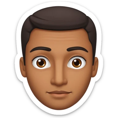 Dark olive skin man, center rised eyebrows, very light smile so that lips are very close to liner and horizontal, some how liner and small eyes sticker