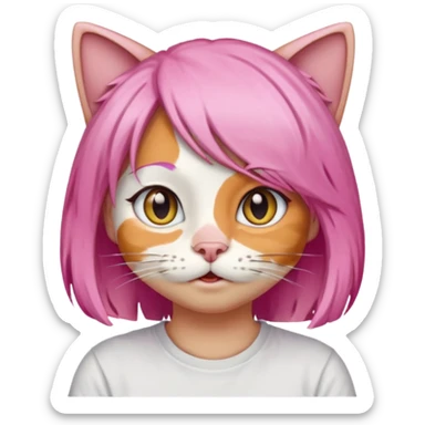 calico cat wear pink hair wig, white T-shirt sticker
