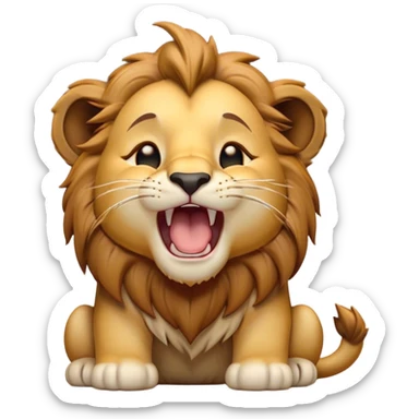 Cinematic Cute Yawning Lion Cub Portrait Emoji, Head tilted slightly with a dramatic, wide-open yawn, showcasing a soft, downy tawny Fur with a majestic mane, floppy ears slightly drooping, round amber eyes barely open in drowsy contentment, Simplified yet irresistibly adorable features, highly detailed, glowing with a soft, cozy glow, high shine, relaxed yet expressive, stylized with a touch of savannah whimsy, bright and endearing, soft glowing outline, capturing the essence of a sleepy yet affectionate Lion Cub, so drowsy it feels like it could stretch out of the screen and curl up for a nap! sticker