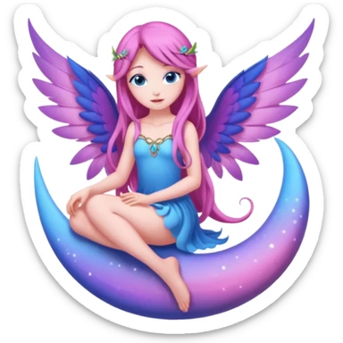 Beautiful, flower, fairy, pink, blue, purple, long hair, big wings with blue eyes sitting on a half moon sticker