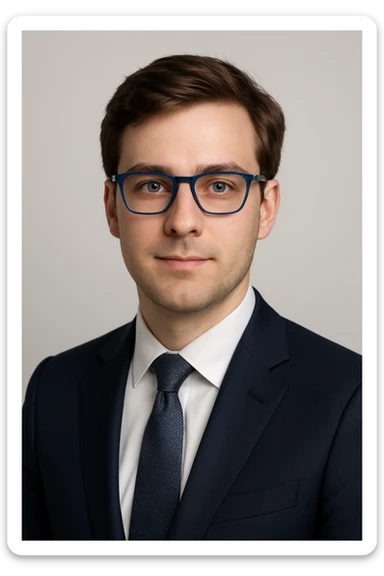 professional portrait of a young white male with brown hair, blue glasses, business attire, conveying a trustworthy and respectable vibe sticker