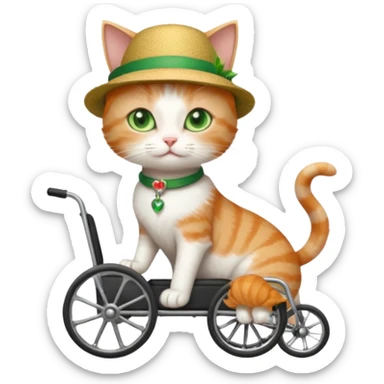 full body small short hair ginger and white cat with green eyes walking in a wheelchair for cats sticker