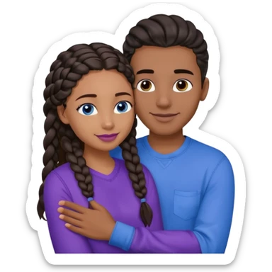 Boyfriend who is very tan olive skinned with blue eyes and wavy straight brown hair in a blue shirt and his girlfriend who is very dark skinned, juicy lipped with black braided hair and the two are hugging and smiling hugely she’s wearing purple and she has black eyes sticker