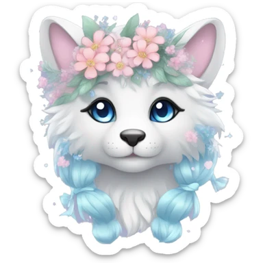 Anthro Cute Cool Pastel Kawaii gorgeous sparkly ethereal fantasy animal creature with blue eyes furry sona with flowers and ribbons beautiful aesthetic sticker