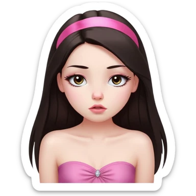 girl with white skin, dark brown long straight hair falling in front of her body, pouty shiny lips without cupid's bow, shiny large eyes with long eyelashes, lighter button nose, very long oval-shaped face, wearing a pink bandeau top with straight neckline, looking directly at camera with hands down at sides sticker