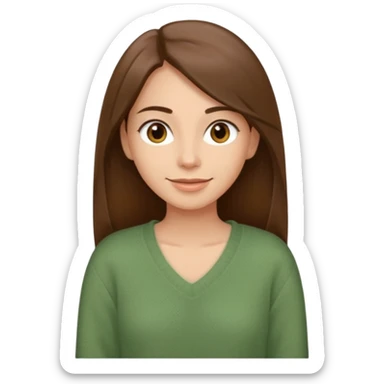 Happy woman with a long straight brown hair, brown eyes in a sage green sweater with a V-neck sticker