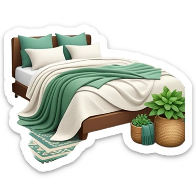 cozy modern boho bedroom with many houseplants, layered rugs, and piles of textured blankets and pillows sticker