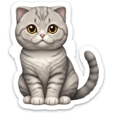 Cinematic-Scottish-Fold-Cat-Realistic-Full-Body-Sitting-Emoji – Tail curled playfully around its paws, head tilted dramatically, thick and plush solid-grey fur, signature folded ears resting gently against its round head, simplified yet realistic focused features, highly detailed, glowing with an almost sarcastic glow, deep amber eyes radiating quiet wisdom and charm. sticker