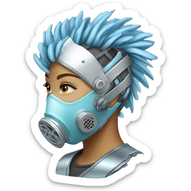 Light blue Mohawk female cyborg head with silver respirator mask and circuits sticker