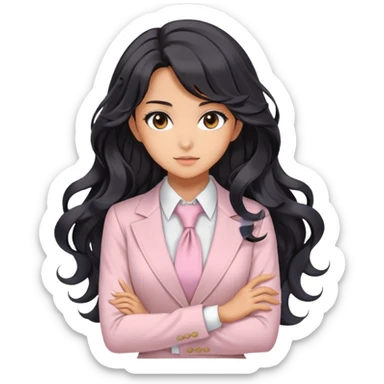 Pretty anime girl with flowing black wavy hair in a professional but feminine pastel outfit, confident boss lady pose sticker