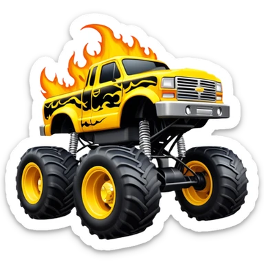 Maximum Destruction - Monster Jam (Model Year: 2021) (Iconic colour: Yellow with black flames) - A ferocious monster truck featuring a vivid yellow base accented by dramatic black flame patterns. Emphasize sharp, high-contrast flame streaks across the body, creating a look of aggressive, explosive energy. sticker