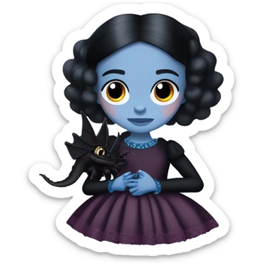 relaxed low-cut back silky black evening ball gown with lace gloves, Jenna Ortega as Wednesday Addams wearing a mini diamond tiara showing off blood blue cute horned dragon hand puppet sticker