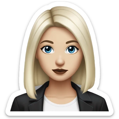 waist-length portrait, Slavic adult woman, goth eyes makeup, blue eyes, medium bob black-to-blonde ombre straight hair, white T-shirt and black office jacket. sticker