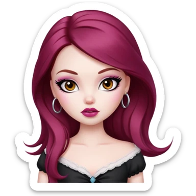pretty bratz girl, tall, pale skin, dark red hair,  long hair, brown eyes, black eyeliner sticker