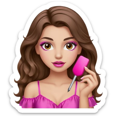 girl with long wavy brown hair, brown eyes, long lashes makeup, sexy pink lips, light to medium complexion, wearing a pink sexy silk top, winking  sticker