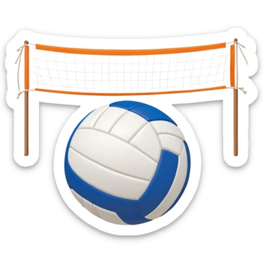 The scene captures a sunny sea beach atmosphere with clear blue sea and sky, palm trees swaying. A volleyball resting on the orange sand ground of a beach, with a volleyball net in the background.  sticker