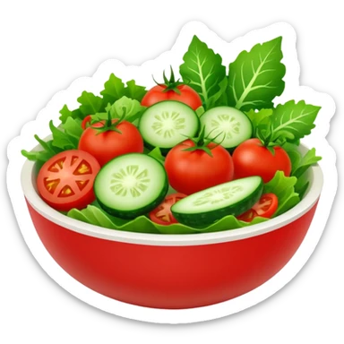 Salads avatar in clean emoji-style illustration. Fresh salad bowl with greens, tomatoes, cucumber, bright green tones, simple shapes, flat design, high contrast, light and healthy. sticker