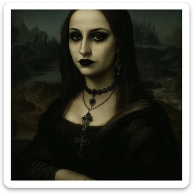 Mona Lisa as a goth, black lipstick, dark eyeliner, gothic jewelry sticker