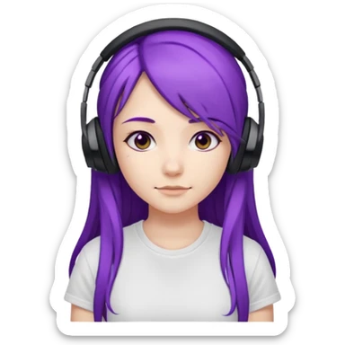Gamer Girl with black Headset + long Purple Hair, white T-shirt sticker