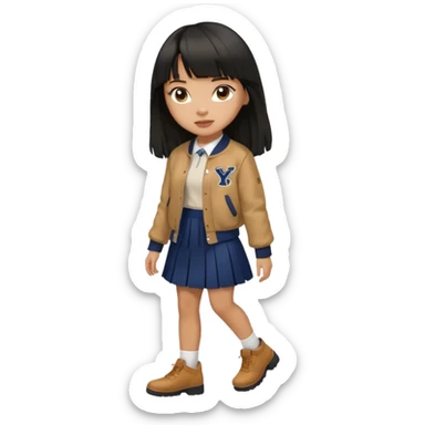 black color long hair with fringe, light skin long hair girl with brown varsity jacket,  navy long long skirt walking

 sticker