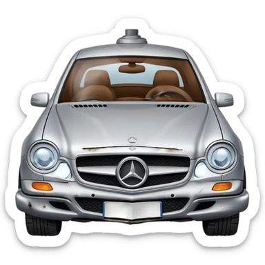 a broken mercedes with steam coming from below the bonnet sticker