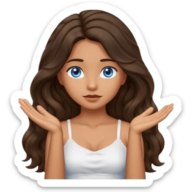 Girl with olive skin, blue eyes, brown dark insanely wavy long hair, white camisole, left hand palm up crossing arms in front of face sticker