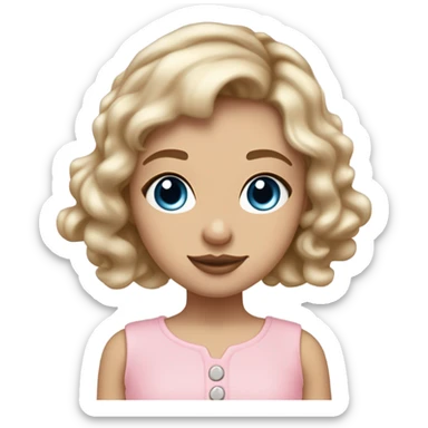 Girl with dirty blonde hair medium length past shoulders , blue/grey eyes with semi long lashes, pale but not albino, light freckles mostly on and around the nose, button nose, not thick but not thin lips with a small cupids bow shape, facing front on with shoulders and up wearing a light pink coquette  sticker