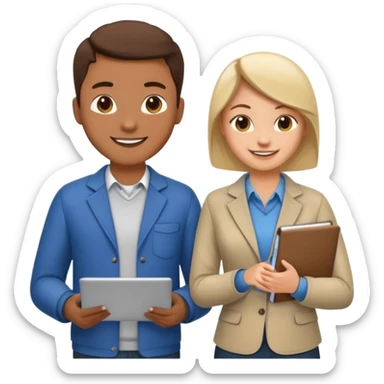 group of 5 colleagues 1 with computer, 1 with a copybook sticker