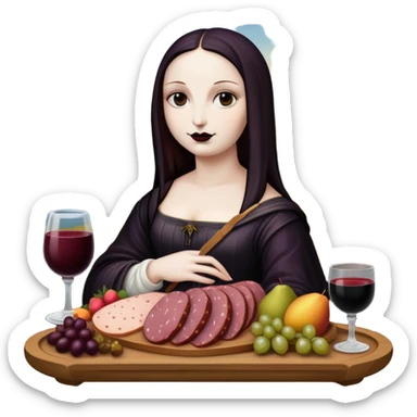 goth mona lisa with SPAM MEAT charcuterie and fruit tray renaissance landscape sticker