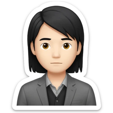 asian young man with long black hair middle part haircut in grey blazer and black t-shirt  sticker