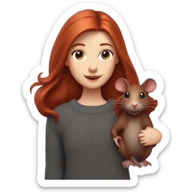 redhead girl with long hair and Dyson styling with grey eyes in a burgundy sweater and a rat on her shoulder sticker